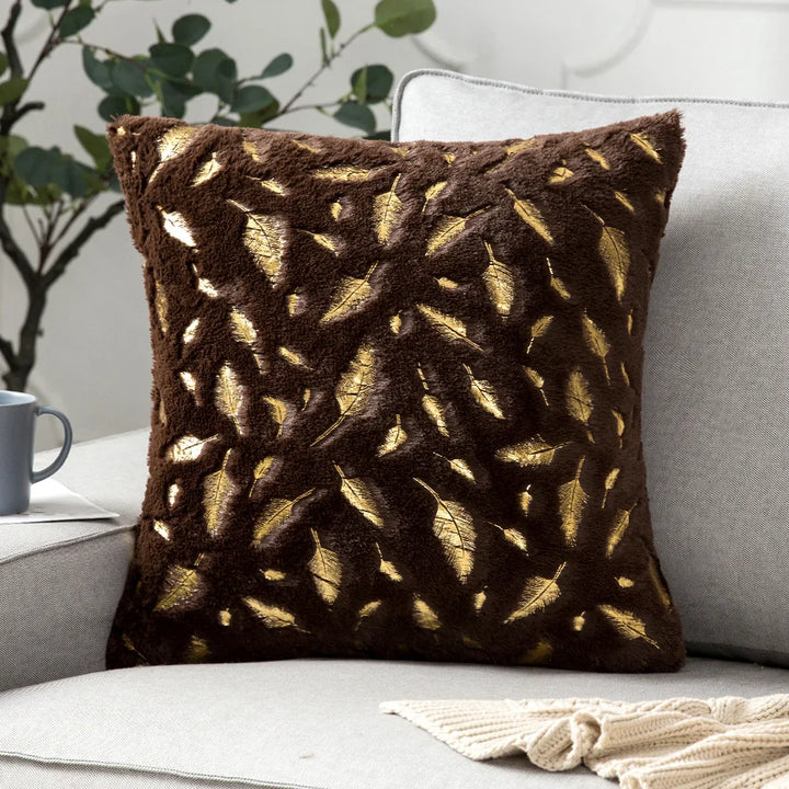 Faux Fur Pillow Cover – Gold Leaf Plush Cushion