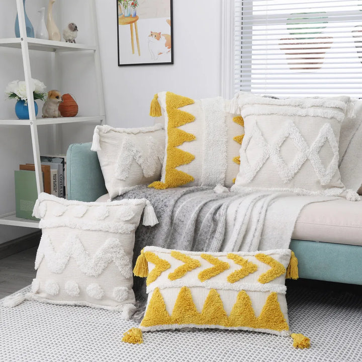 Luxury Chenille Tufted Boho Pillow Covers – Decorative Cushion Cases with Tassels for Sofa, Bed & Farmhouse Decor