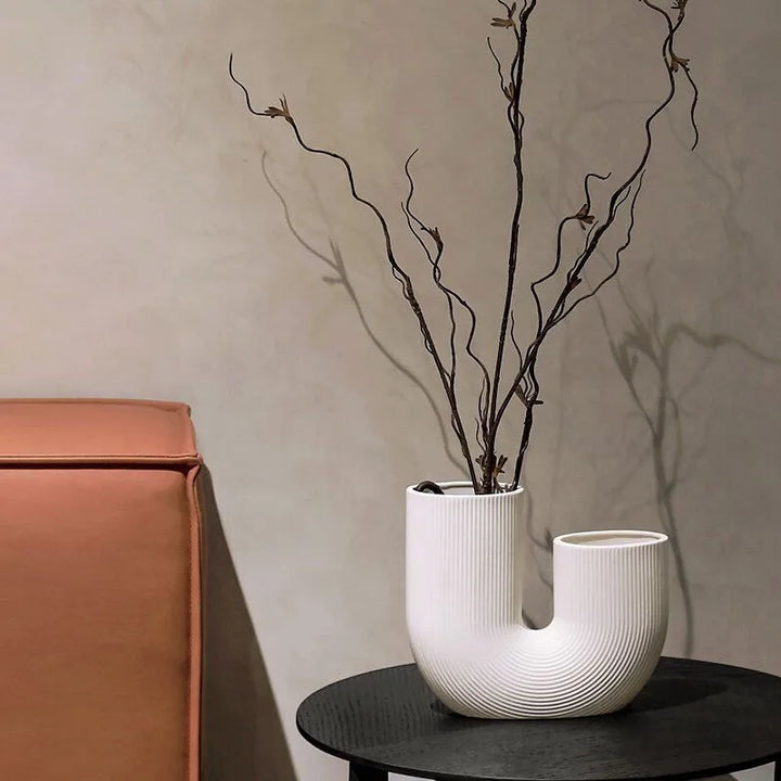 Large U-Shaped Nordic Ceramic Vase – Minimalist White & Pink Tabletop Decor for Dried Flowers and Greenery