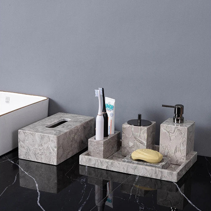 Natural Marble Bathroom Set – Soap Dispenser, Toothbrush Holder & Tray
