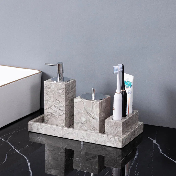 Natural Marble Bathroom Set – Soap Dispenser, Toothbrush Holder & Tray