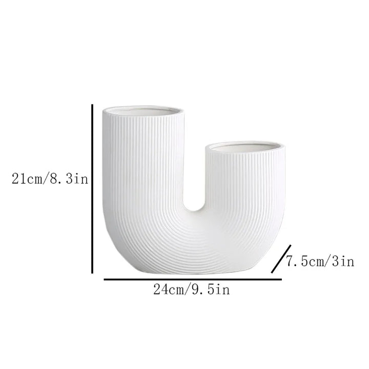 Large U-Shaped Nordic Ceramic Vase – Minimalist White & Pink Tabletop Decor for Dried Flowers and Greenery