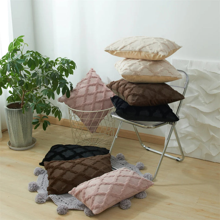 3D Plush Geometric Embroidered Cushion Cover