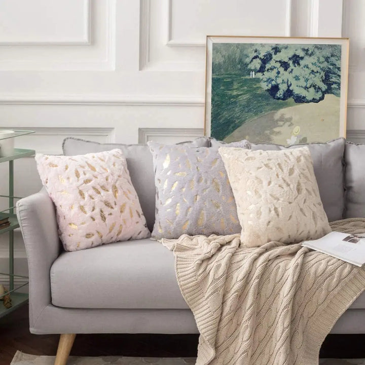 Faux Fur Pillow Cover – Gold Leaf Plush Cushion