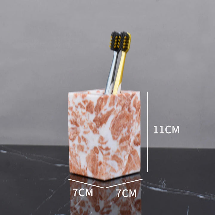 Coral Pink Marble Bathroom Set – 7-Piece Natural Stone Accessories | Soap Dispenser, Toothbrush Holder, Tissue Box, Tray & More