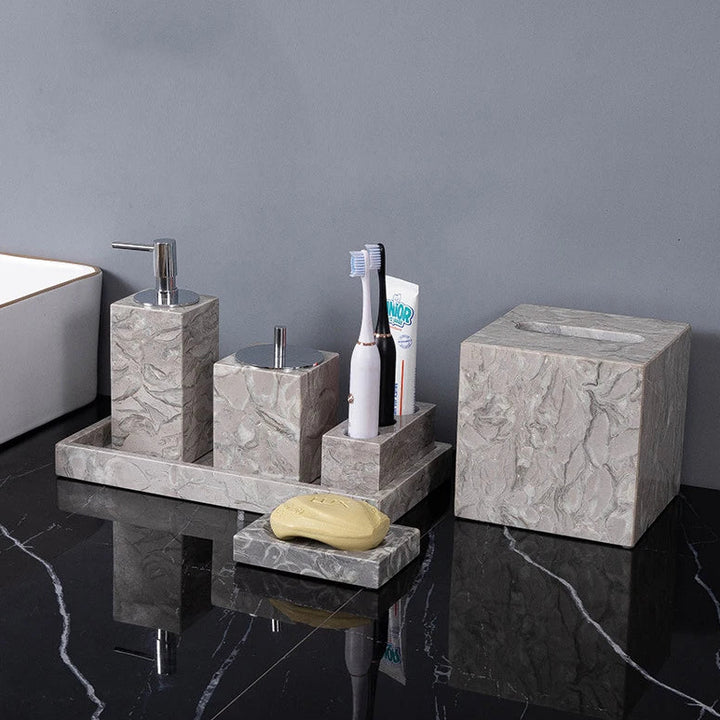 Natural Marble Bathroom Set – Soap Dispenser, Toothbrush Holder & Tray