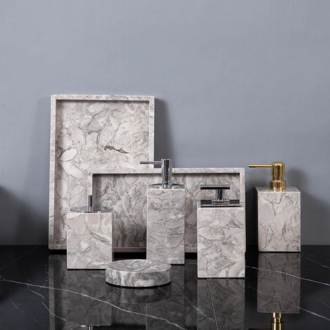 Natural Marble Bathroom Set – Soap Dispenser, Toothbrush Holder & Tray
