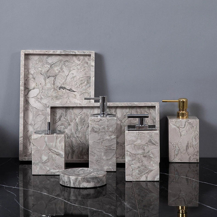 Natural Marble Bathroom Set – Soap Dispenser, Toothbrush Holder & Tray