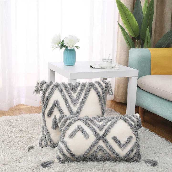 Boho Tassel Cushion Cover – Tufted Moroccan Macrame Pillow