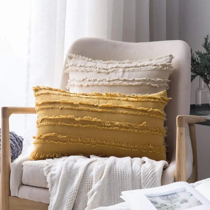 Boho Tassel Throw Pillow Covers – Striped Jacquard Decorative Cushion Cases for Sofa, Bed & Living Room
