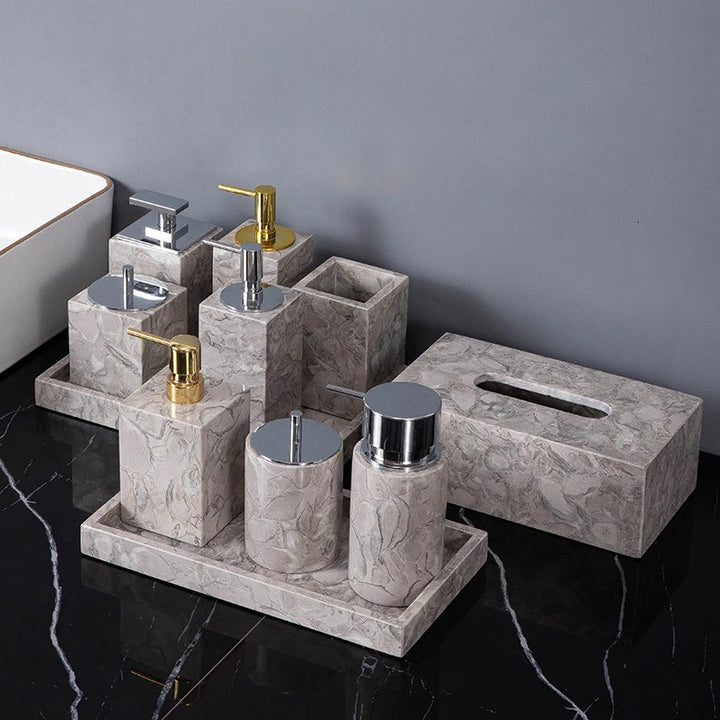 Natural Marble Bathroom Set – Soap Dispenser, Toothbrush Holder & Tray