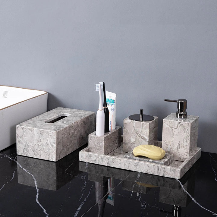 Natural Marble Bathroom Set – Soap Dispenser, Toothbrush Holder & Tray