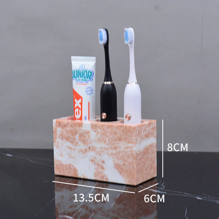 Coral Pink Marble Bathroom Set – 7-Piece Natural Stone Accessories | Soap Dispenser, Toothbrush Holder, Tissue Box, Tray & More
