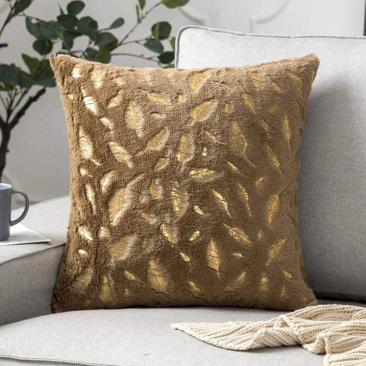 Faux Fur Pillow Cover – Gold Leaf Plush Cushion