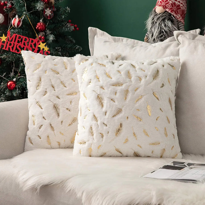 Faux Fur Pillow Cover – Gold Leaf Plush Cushion