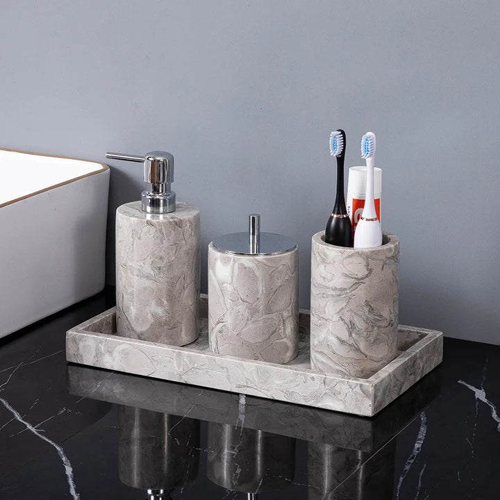 Natural Marble Bathroom Set – Soap Dispenser, Toothbrush Holder & Tray