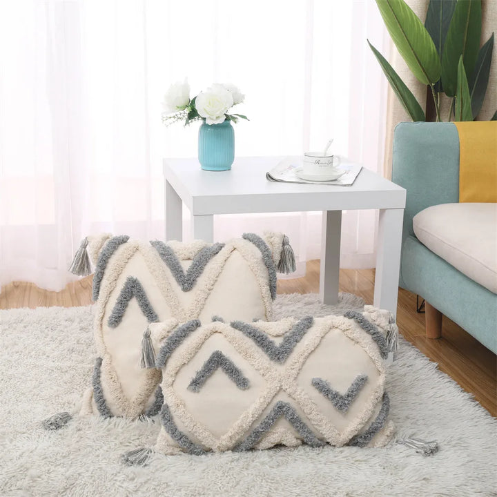 Boho Tassel Cushion Cover – Tufted Moroccan Macrame Pillow