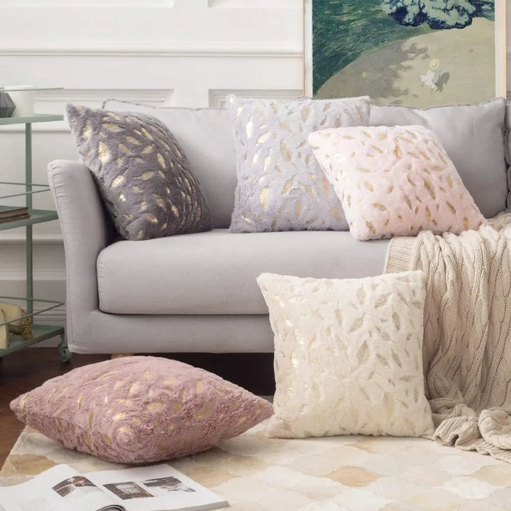 Faux Fur Pillow Cover – Gold Leaf Plush Cushion