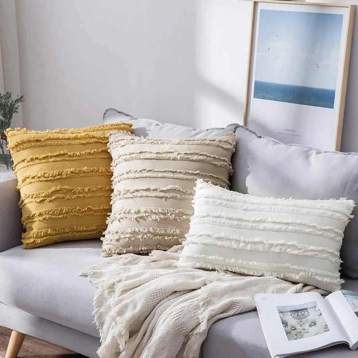Boho Tassel Throw Pillow Covers – Striped Jacquard Decorative Cushion Cases for Sofa, Bed & Living Room