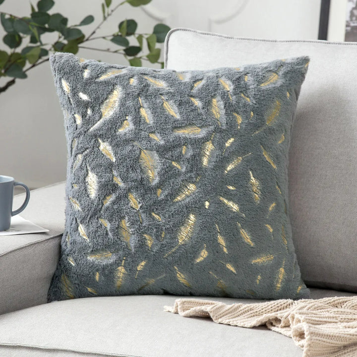 Faux Fur Pillow Cover – Gold Leaf Plush Cushion