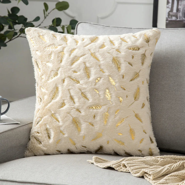 Faux Fur Pillow Cover – Gold Leaf Plush Cushion