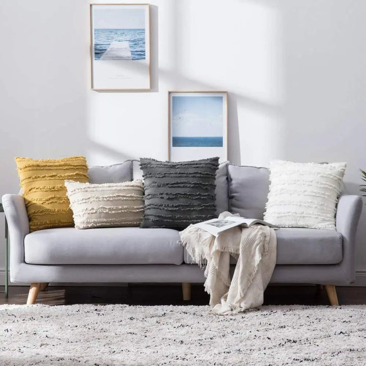 Boho Tassel Throw Pillow Covers – Striped Jacquard Decorative Cushion Cases for Sofa, Bed & Living Room