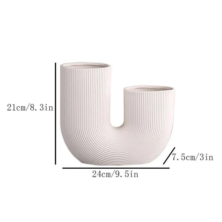 Large U-Shaped Nordic Ceramic Vase – Minimalist White & Pink Tabletop Decor for Dried Flowers and Greenery