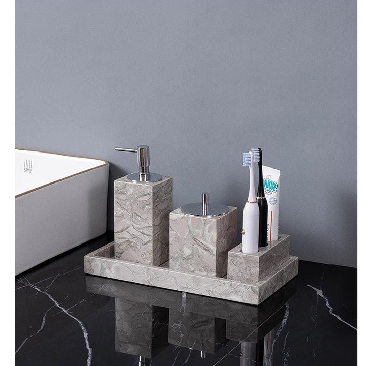 Natural Marble Bathroom Set – Soap Dispenser, Toothbrush Holder & Tray