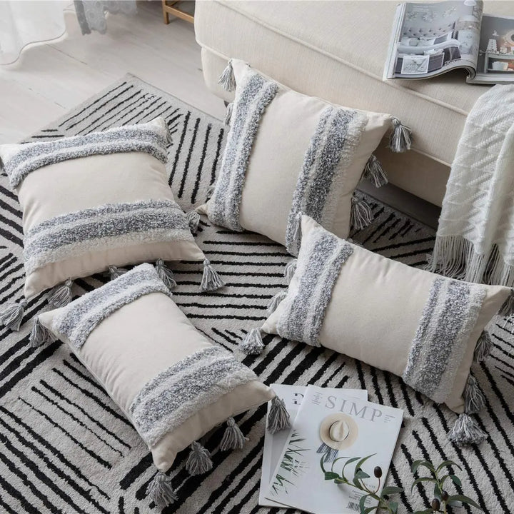 Boho Tassel Cushion Cover – Tufted Moroccan Macrame Pillow