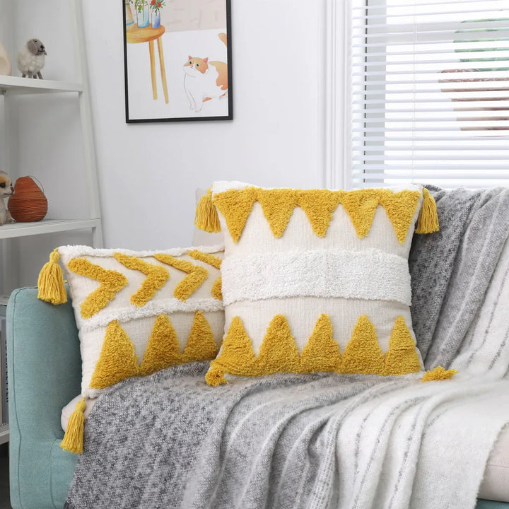 Luxury Chenille Tufted Boho Pillow Covers – Decorative Cushion Cases with Tassels for Sofa, Bed & Farmhouse Decor