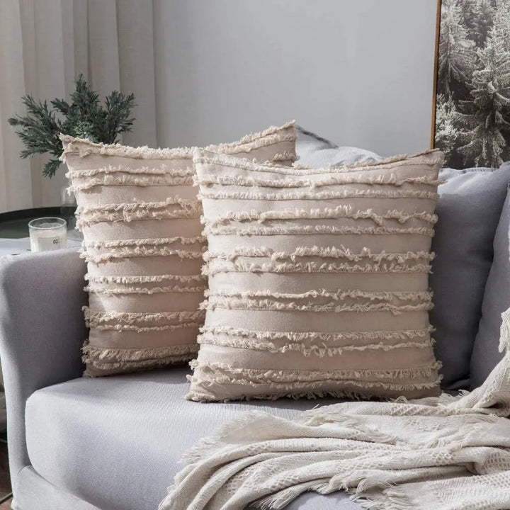 Boho Tassel Throw Pillow Covers – Striped Jacquard Decorative Cushion Cases for Sofa, Bed & Living Room