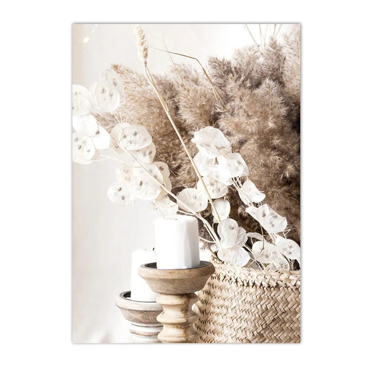 Lienzo decorativo de hierba de la pampa beige: impresiones nórdicas botánicas bohemias para decoración moderna de sala de estar o dormitorio (juego de 3)