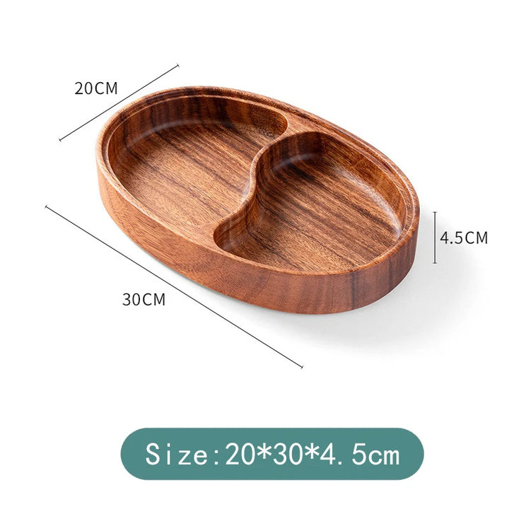 Acacia Wood Snack Plate – Solid Wood Multi-Compartment Tray for Dried Fruit, Nuts, Salad | Rustic Chinese Style Serving Bowl