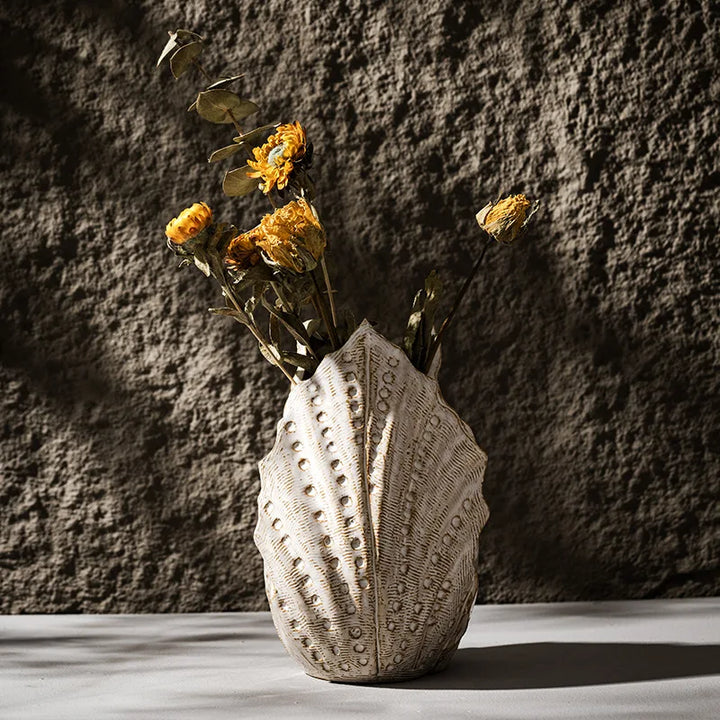 Shell Ceramic Vase – Modern Boho Tabletop Centerpiece