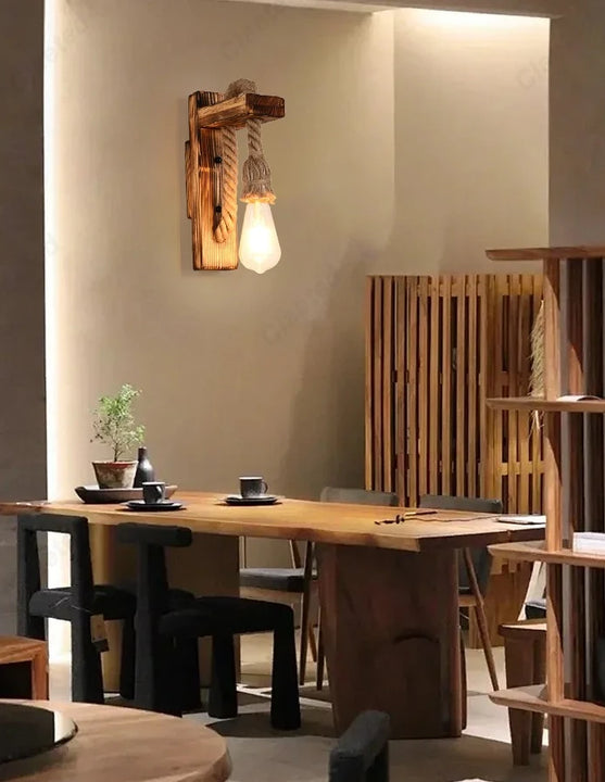 Retro LED Wall Lamp – Solid Wood & Hemp Rope Lighting