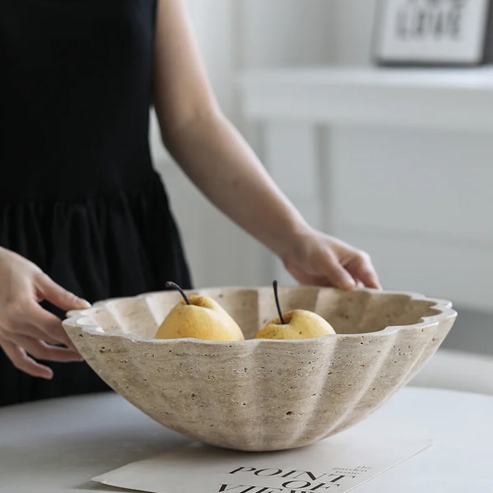 Large Travertine Ruffle Bowl – Marble Serving Tray for Home Decor