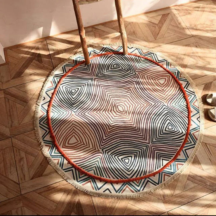 Moroccan Cotton Linen Round Rug – Geometric Floor Decor