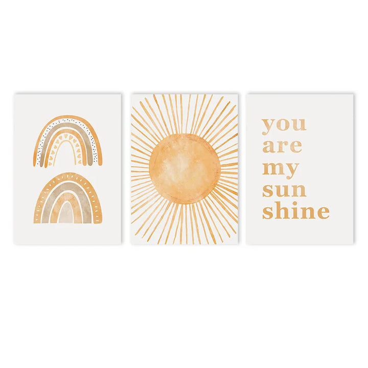 Boho Rainbow & Sun Canvas Wall Art – “You Are My Sunshine” Abstract Nursery Prints for Baby & Kids Room Decor