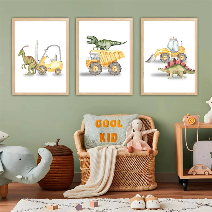 Whimsical Dinosaur Truck & Excavator Canvas Art for Kids Nursery & Boys Room Decor – Nordic Cartoon Wall Print