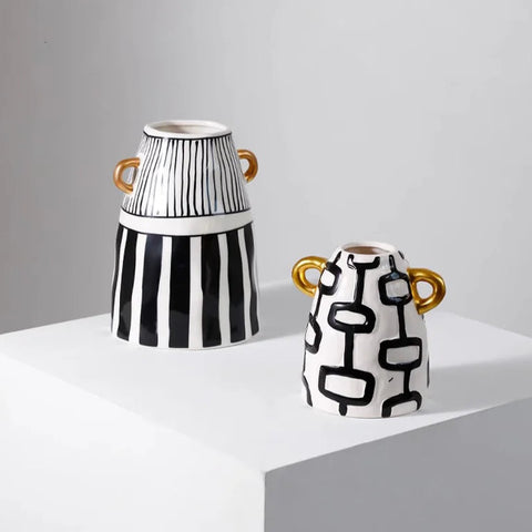 Black & White Striped Ceramic Vase – Modern Home Decor