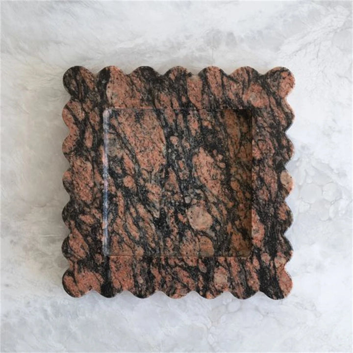 Natural Travertine Marble Tray – Scalloped Luxury Jewelry & Display Plate | Square Stone Organizer for Home & Vanity Decor
