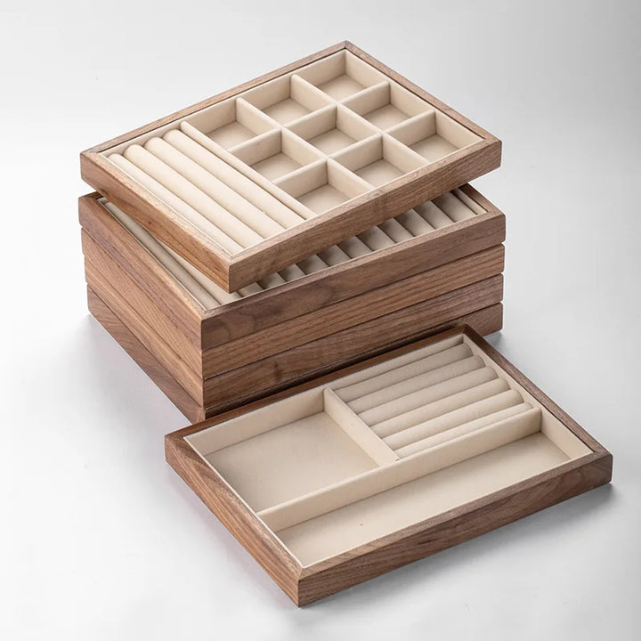 Black Walnut Jewelry Storage Box – Stackable Wooden Organizer with Large Capacity for Earrings, Necklaces & Accessories
