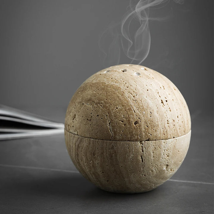 Natural Travertine Marble Incense Burner – Wabi-Sabi Ball-Shaped Stone Holder for Home & Spiritual Decor