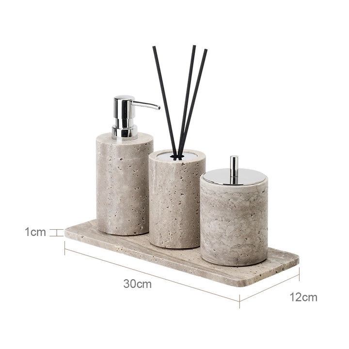 Travertine Bathroom Set – Natural Marble Soap Dispenser & Tray