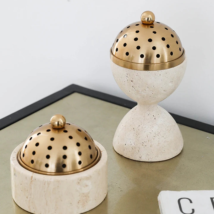 Travertine Oud & Bakhoor Burner with Brass Cover