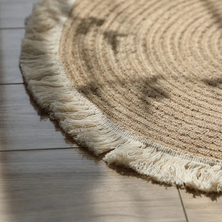 Round Woven Jute Rug with Tassels – Handmade Floor Mat