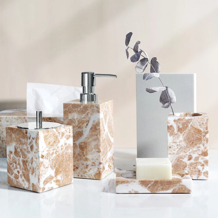 Coral Pink Marble Bathroom Set – 7-Piece Natural Stone Accessories | Soap Dispenser, Toothbrush Holder, Tissue Box, Tray & More