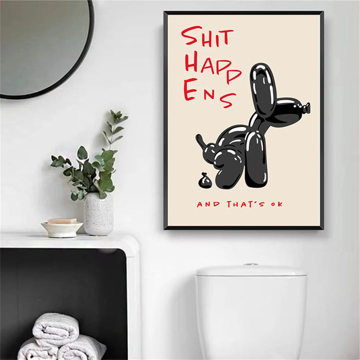 Modern Pink Balloon Dog Canvas Print – "Shit Happens and That’s OK" Quote Poster | Unframed Abstract Wall Art for Living Room & Bedroom