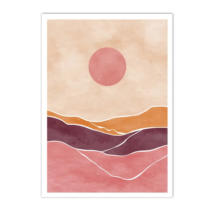 Boho Sunrise Landscape Canvas Print – Abstract Green & Orange Mountain Sun Wall Art for Living Room | Unframed Modern Poster Decor