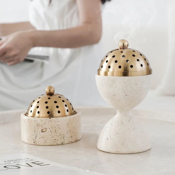 Travertine Oud & Bakhoor Burner with Brass Cover